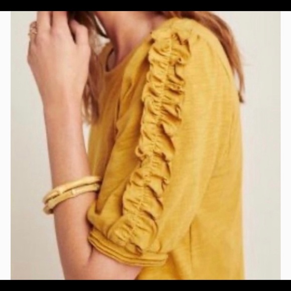 Maeve Anthropologie Mustard Gold Yellow Ruffle Sleeve Cotton Tee Size Large - Picture 2 of 4